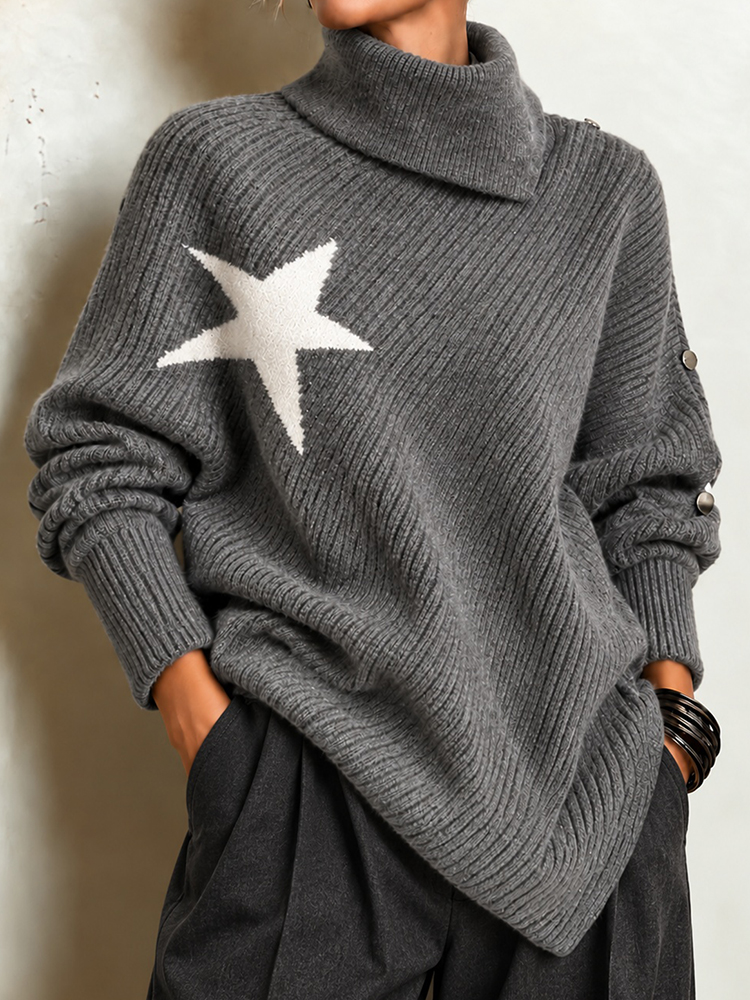Women's Fall Winter Cozy Asymmetric Oversized High-neck Star Pattern Ribbed Pullover Sweater
