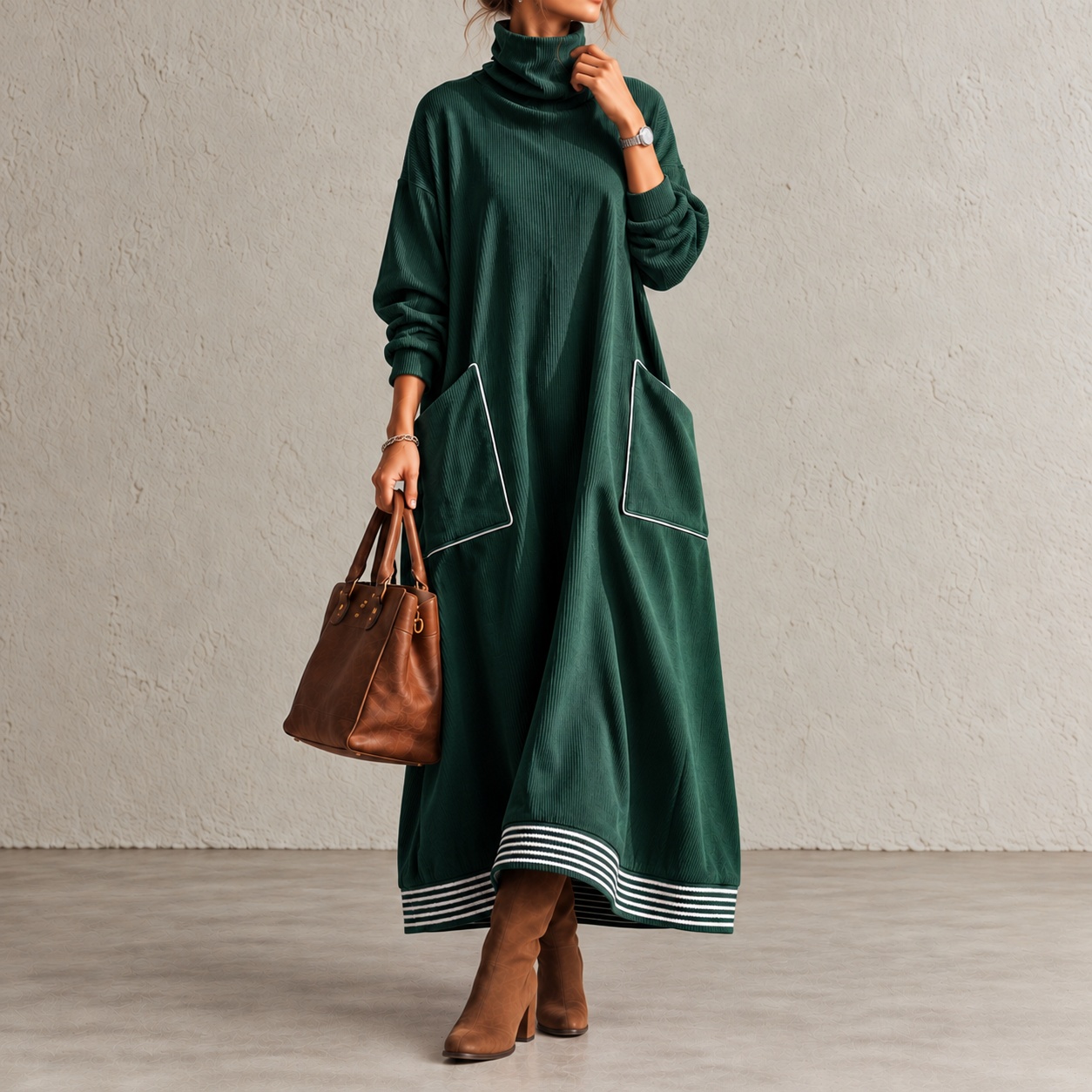 Stand Collar Loose Long-sleeve Maxi Dress