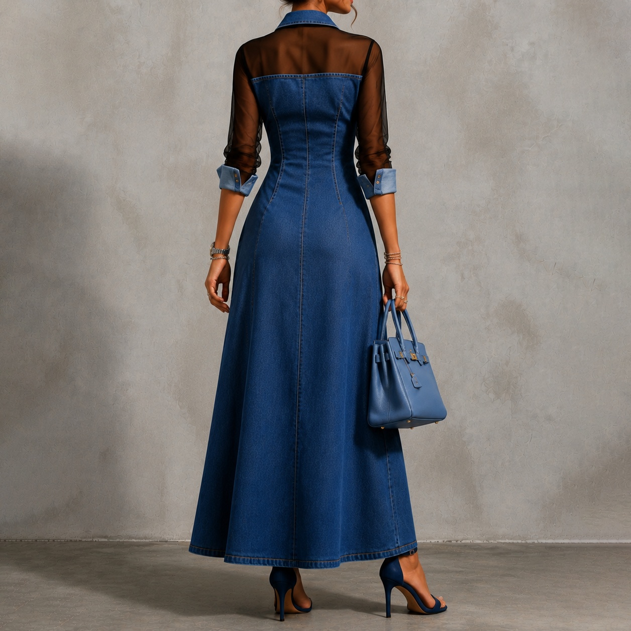 Elegant Mesh Long-sleeved Top With Faux Denim Hem And Slits Maxi Dress