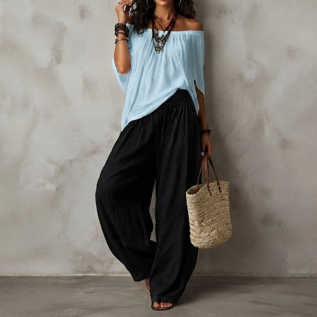 Retro Two-piece Set Wide-leg Pants + Off-the-shoulder Top