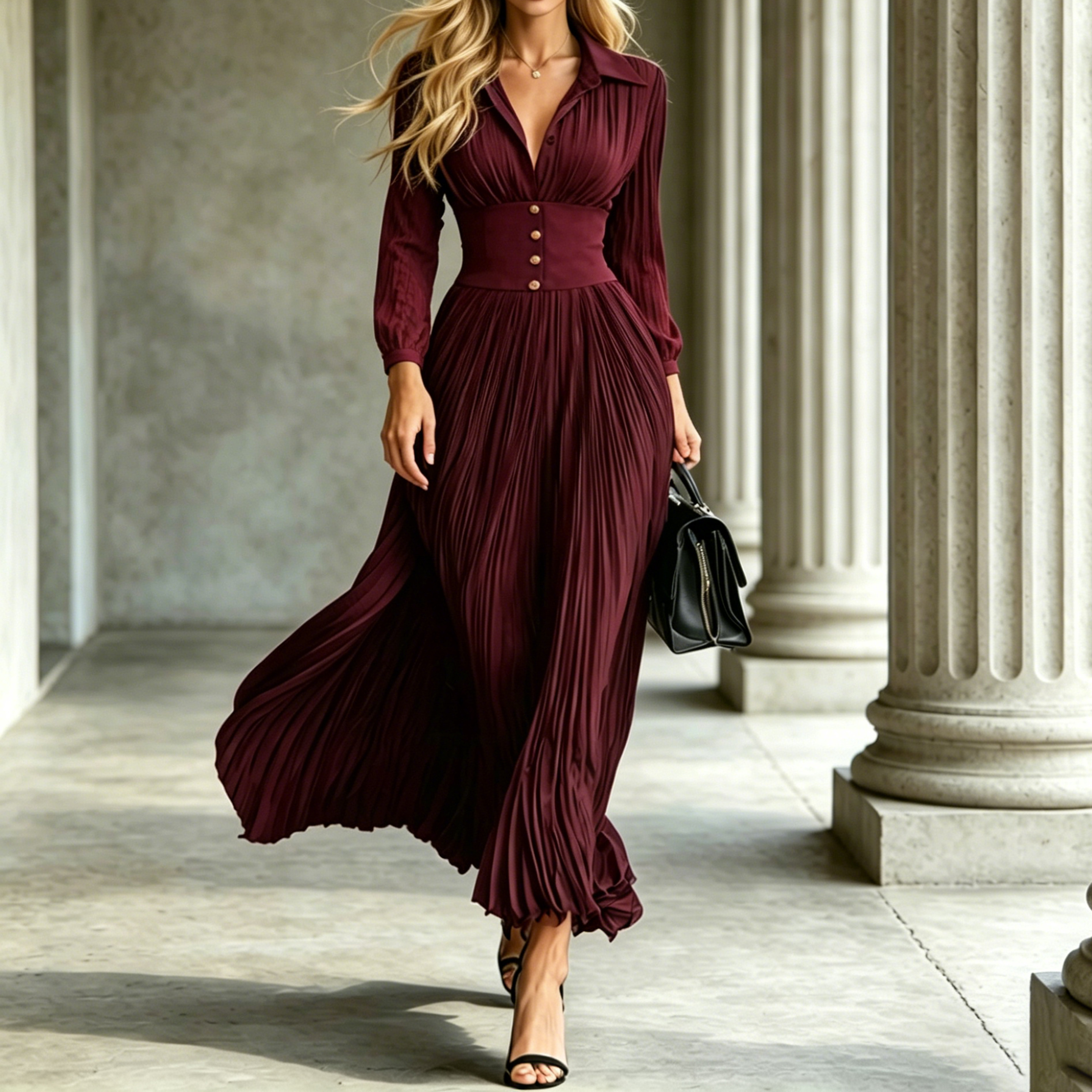 Elegant Pleated Waist Long Dress