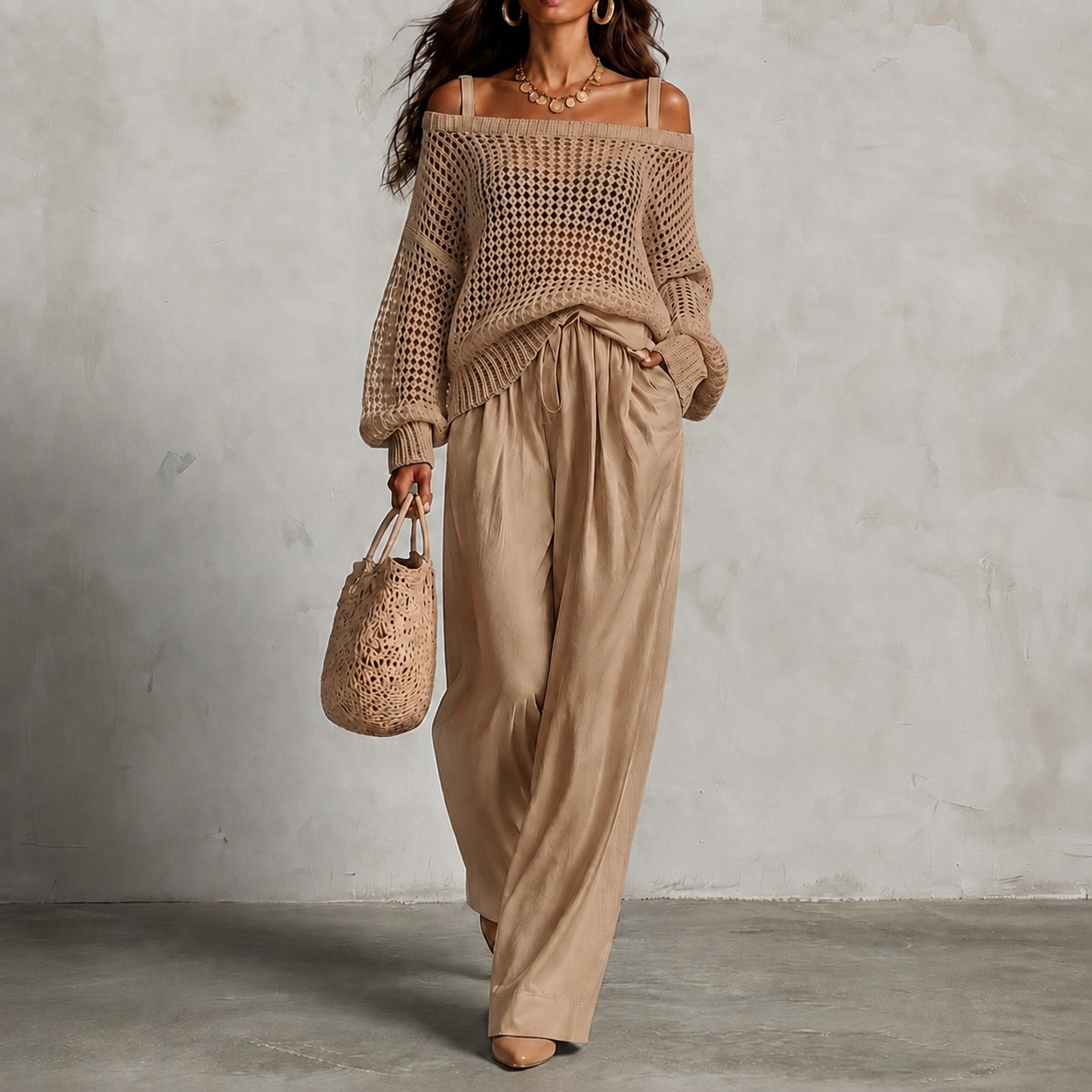 Elegance Two-piece Set: Openwork Knit Top And Wide-leg Pants
