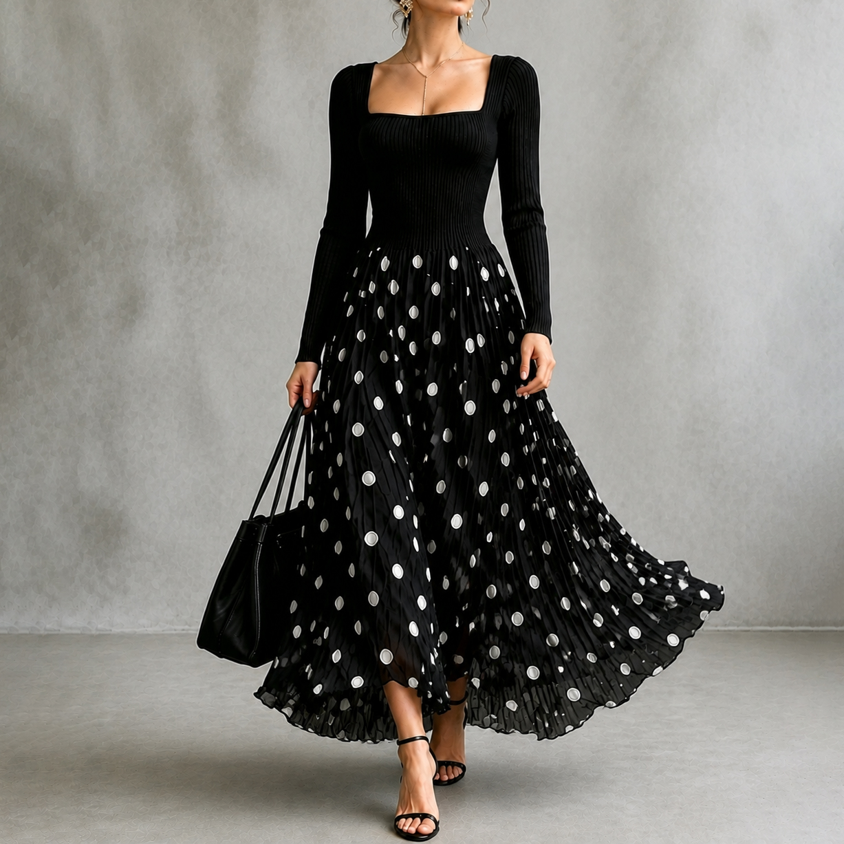 Elegant Stretch Fabric Polka Dot Square Neck Long Sleeve Maxi Dress