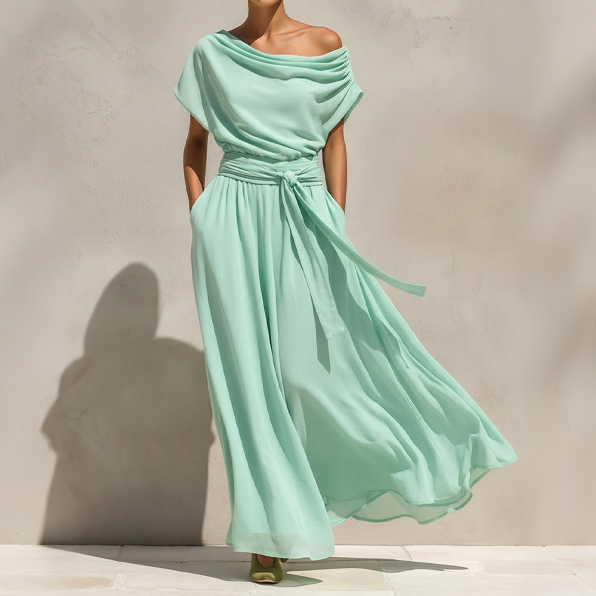 Short-sleeve Pleated Chiffon Waist-cinching Dress