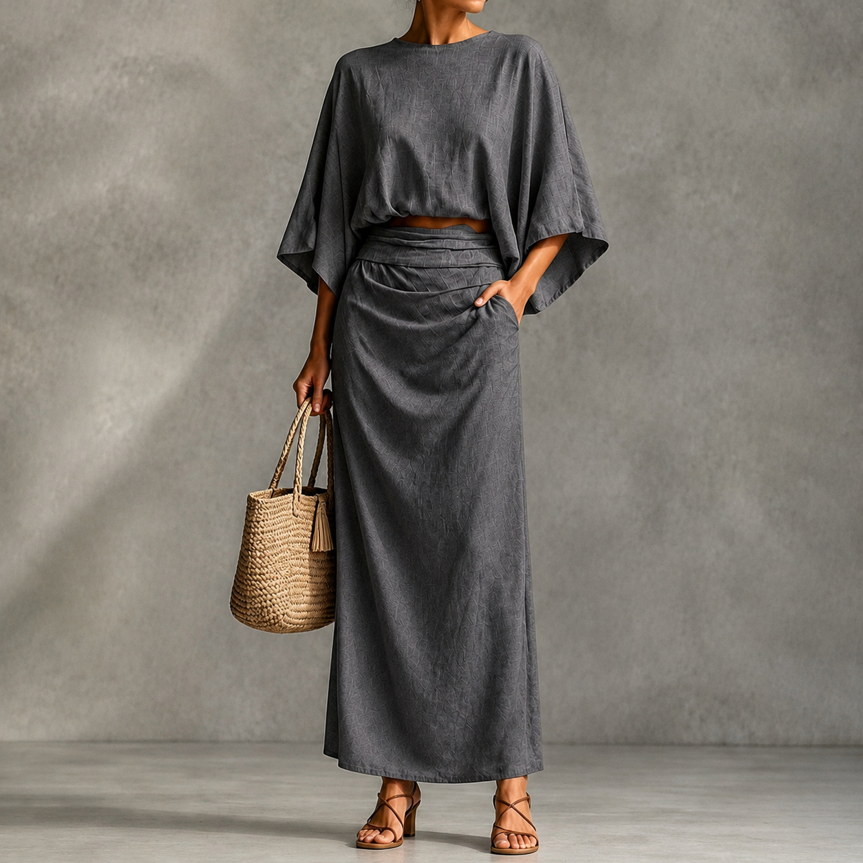 Elegance Two-piece Set: Rund Neck Long-sleeved Loose Top + High-waisted Skirt