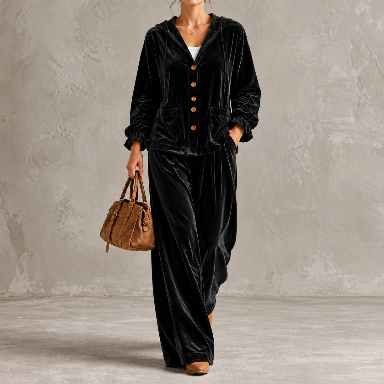 Elegance Velvet Hooded Cardigan And Wide-leg Pants Set