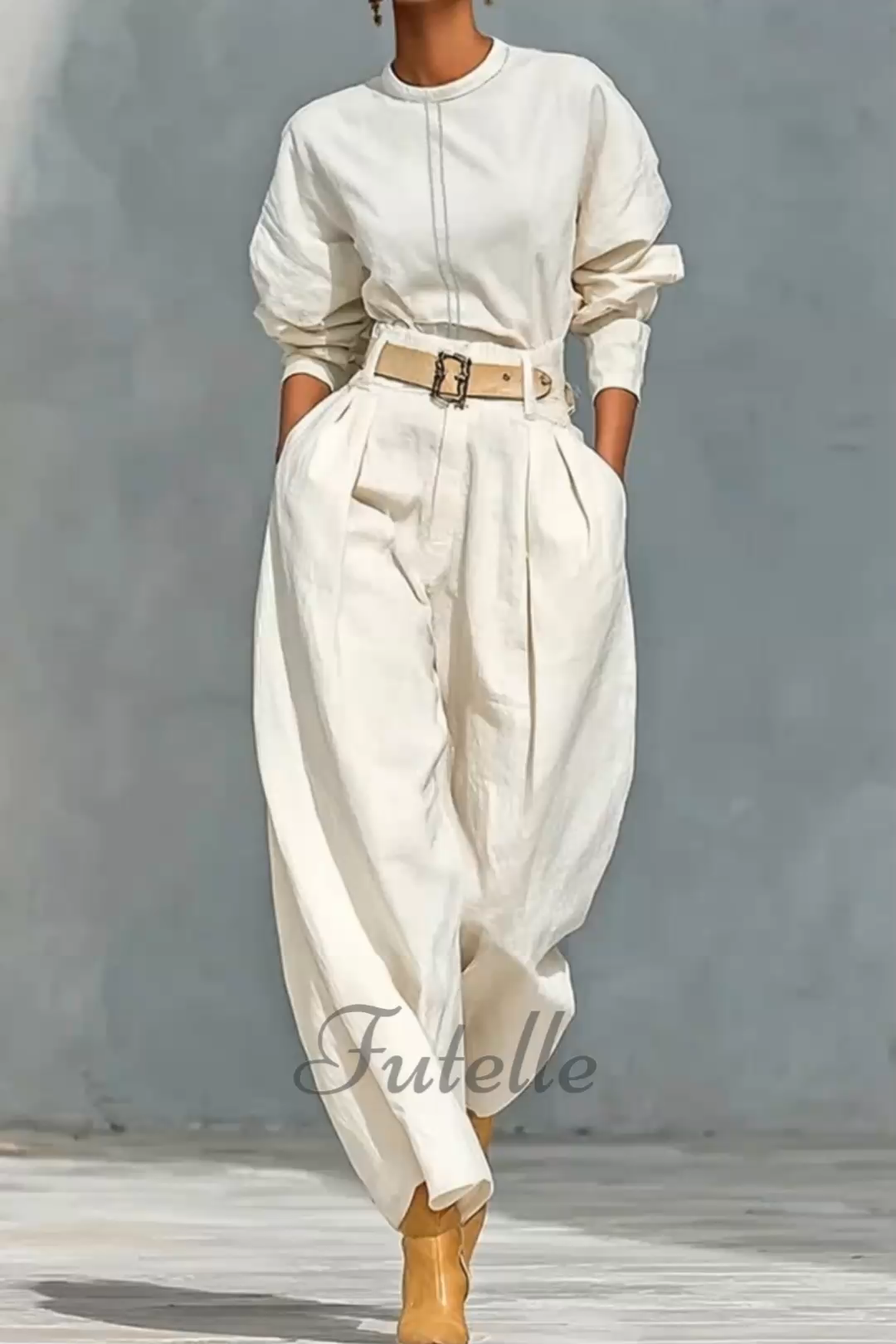 Simple Loose Top And Harem Wide-leg Pants Two-piece Set (with Belt)