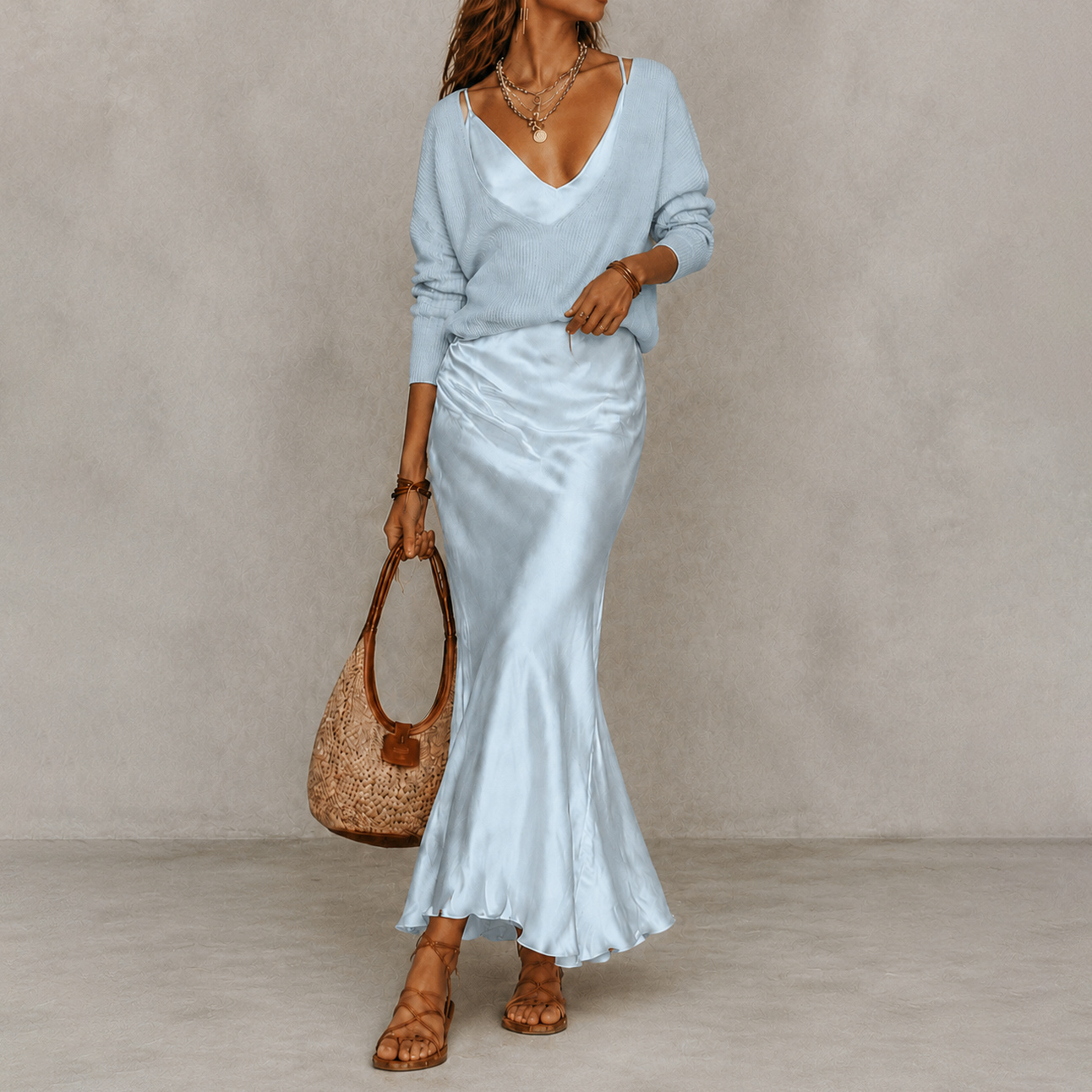 V-Neck Knit Sweater Satin Maxi Skirt Two-piece Set