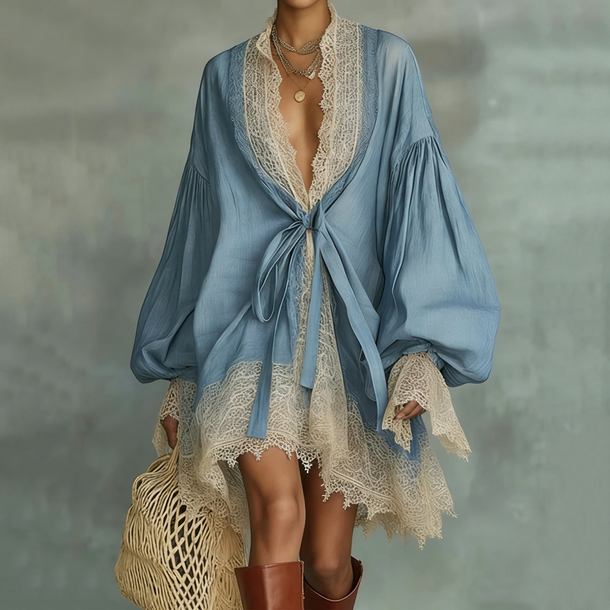 Vacation Color Block Balloon Sleeve Split Joint V Neck Mini Dress