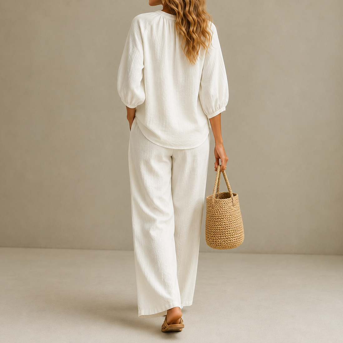 Vacation Loose-fitting Solid Color Zippered Round Neck Wide-leg Pants Suit