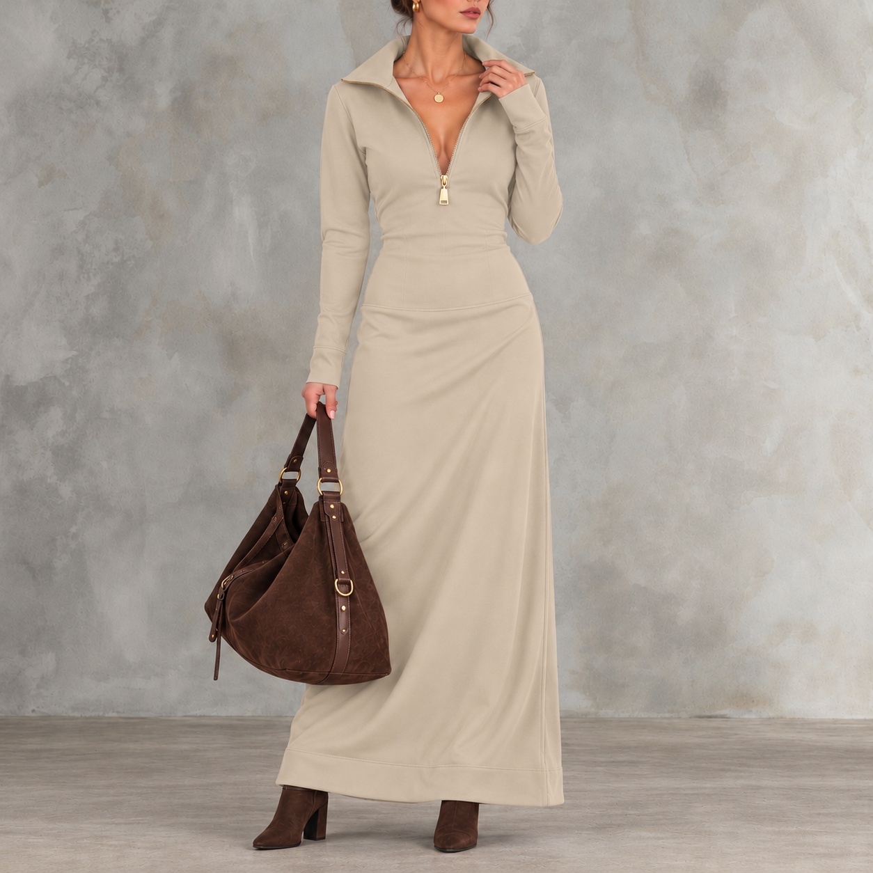 Elegant Solid-color Long-sleeve Casual Polo With A Half-zip Collar Maxi Dress