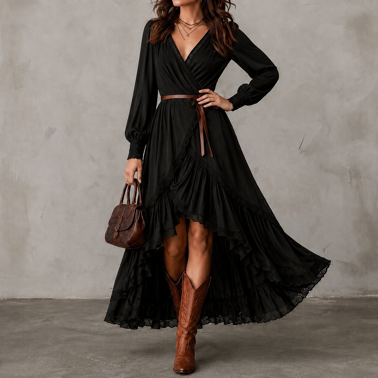 Retro V-neck Lace Trim Multi-layered Asymmetrical Hem Maxi Dress