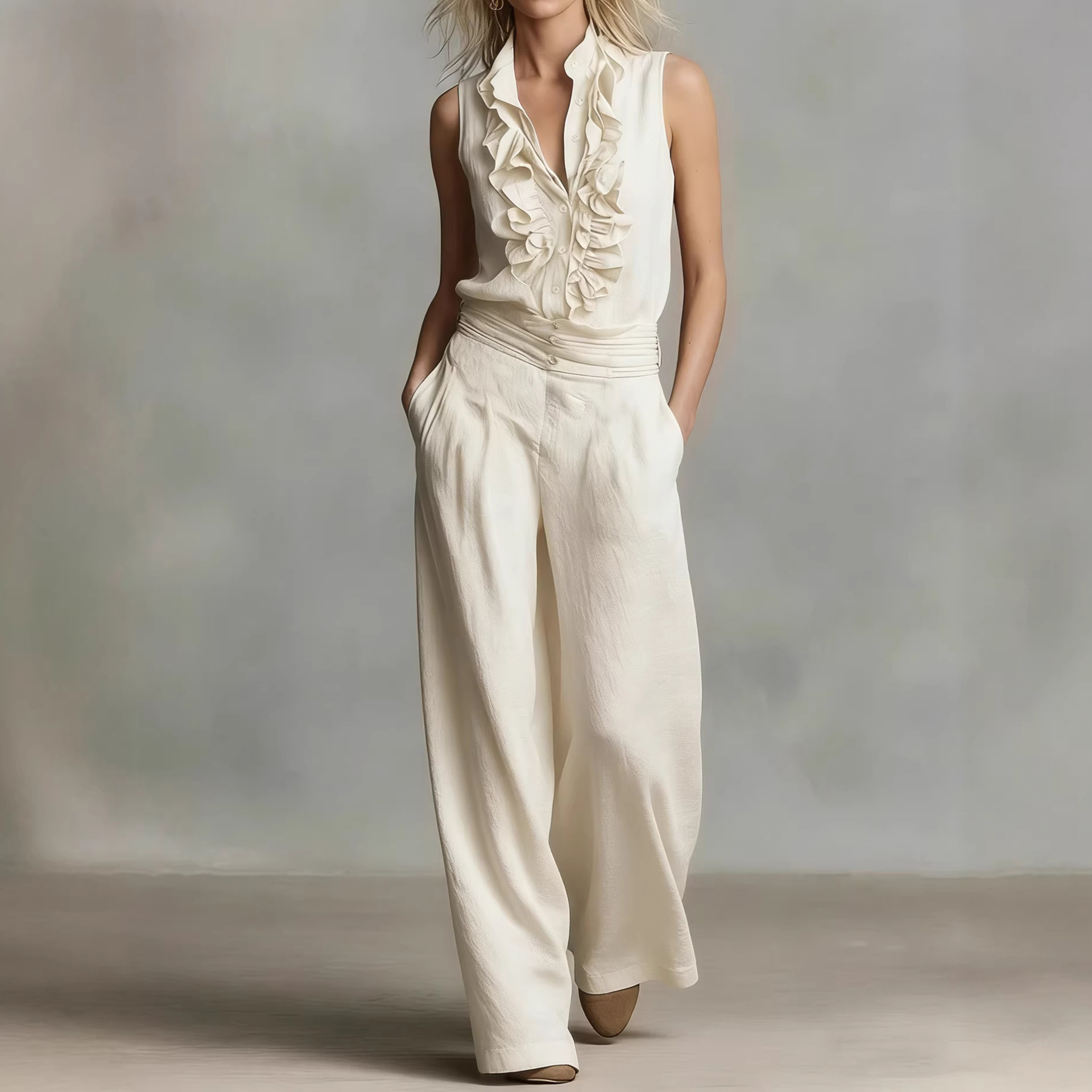 Simple Linen Blend Sleeveless Shirt And Wide-leg Pants Set