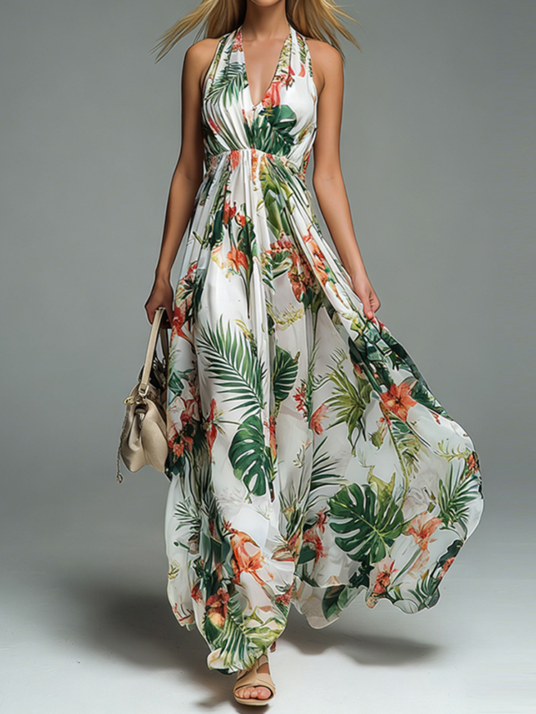 Women's Fashion Vacation Flowers Print  V-neck Halter Neck Dress