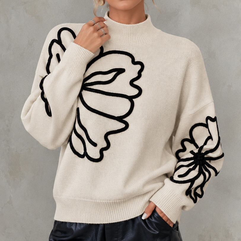 3D Floral High Neck Knit Sweater
