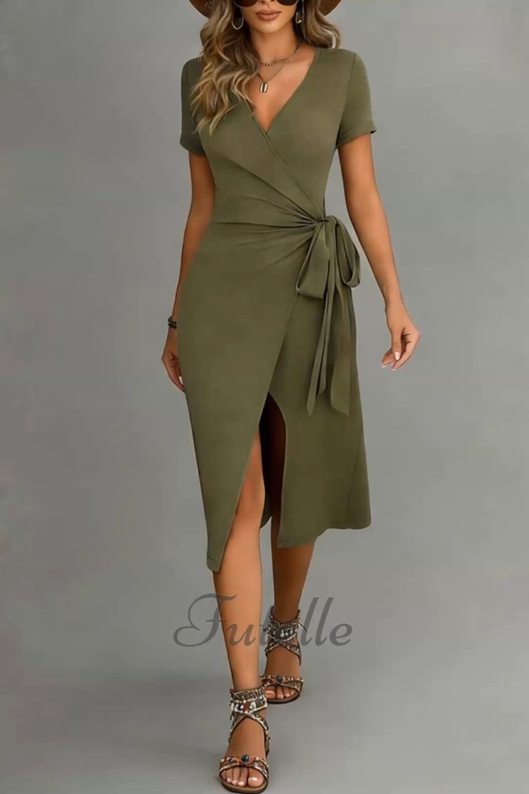 Women's V-neck Design Sense Belt Slim Side Slit Knitted Dress