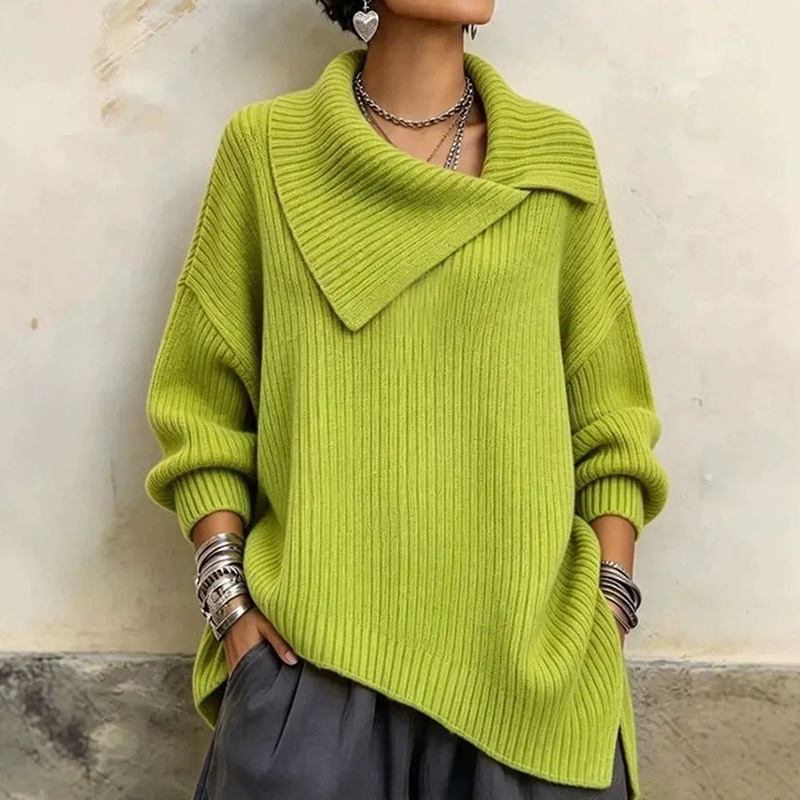 Women's Fall Winter Cozy Asymmetric-neck Ribbed Knit Pullover Top