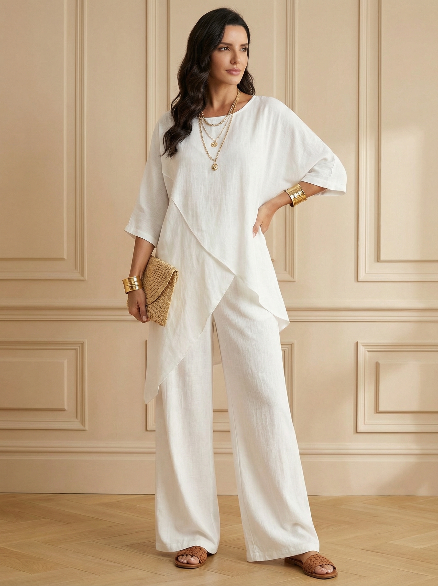 Women's Comfy Linen Blend Flowy Double Layer Design Top And Pants Two-piece Set