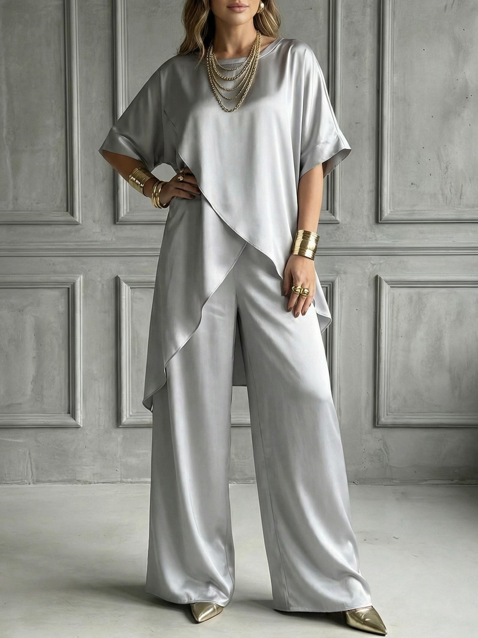 Vintage Elegant Double-layered Satin Top And Pants Two-piece Set