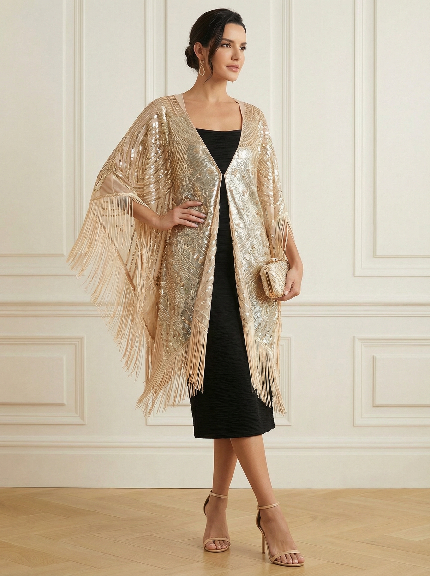 Vintage 1920s Elegant Sequins Tassel Fringe Women's Poncho Kimono