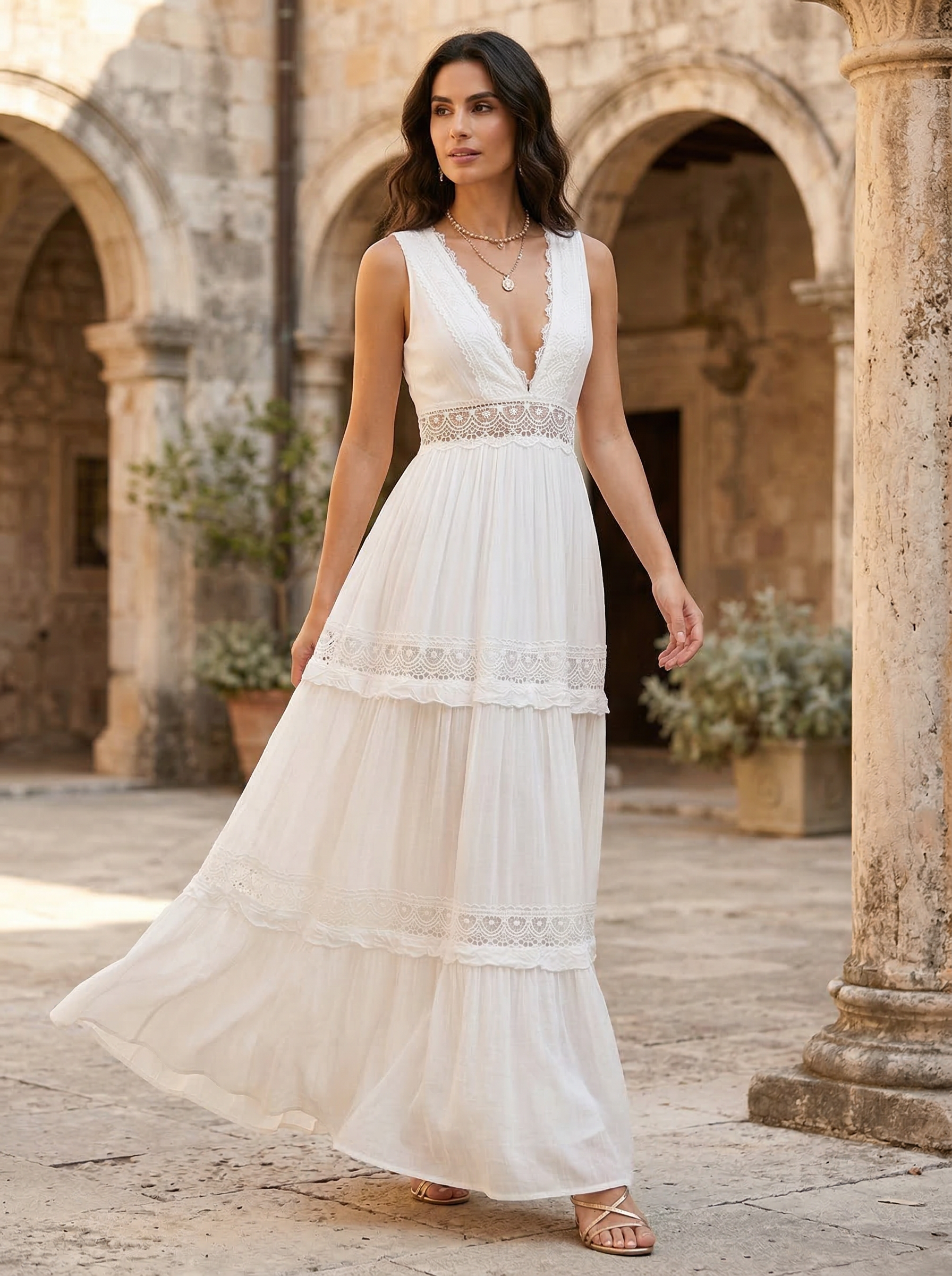 Women's Delicate Lace Hook And Lace Up Sides Maxi Dress