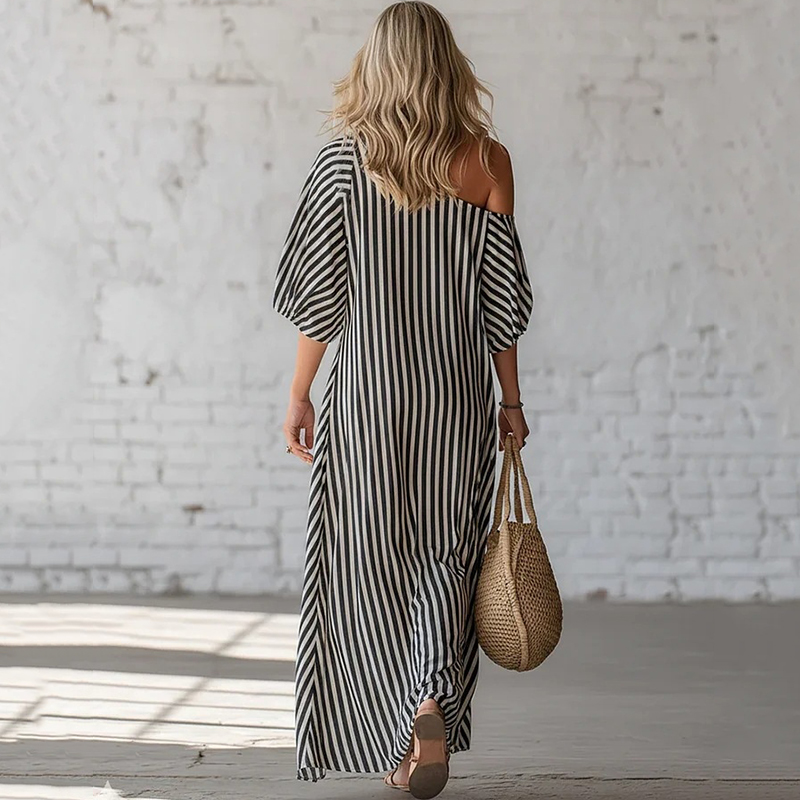 Women's Elegant Striped Off-shoulder Cotton Dress