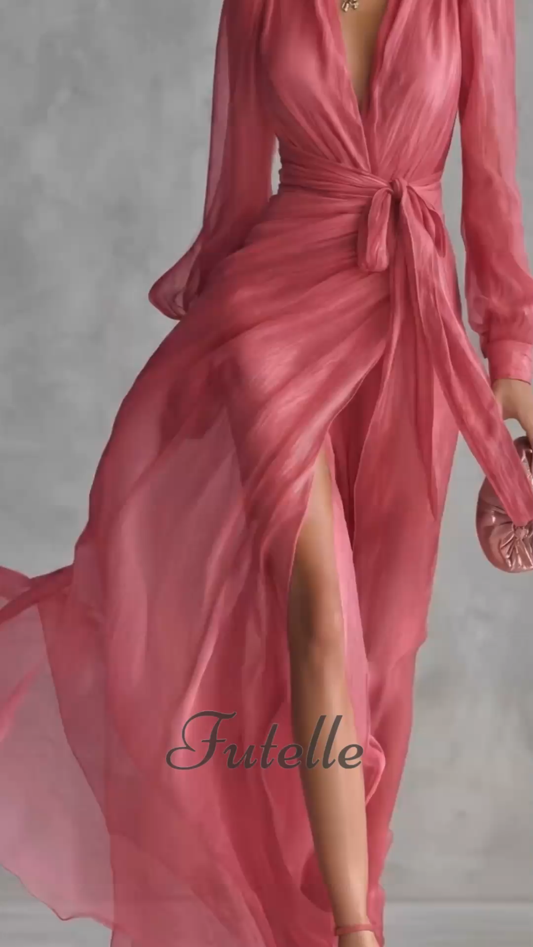 Women's V-neck Slit Long-sleeved Flowing Solid Color Mesh Dress