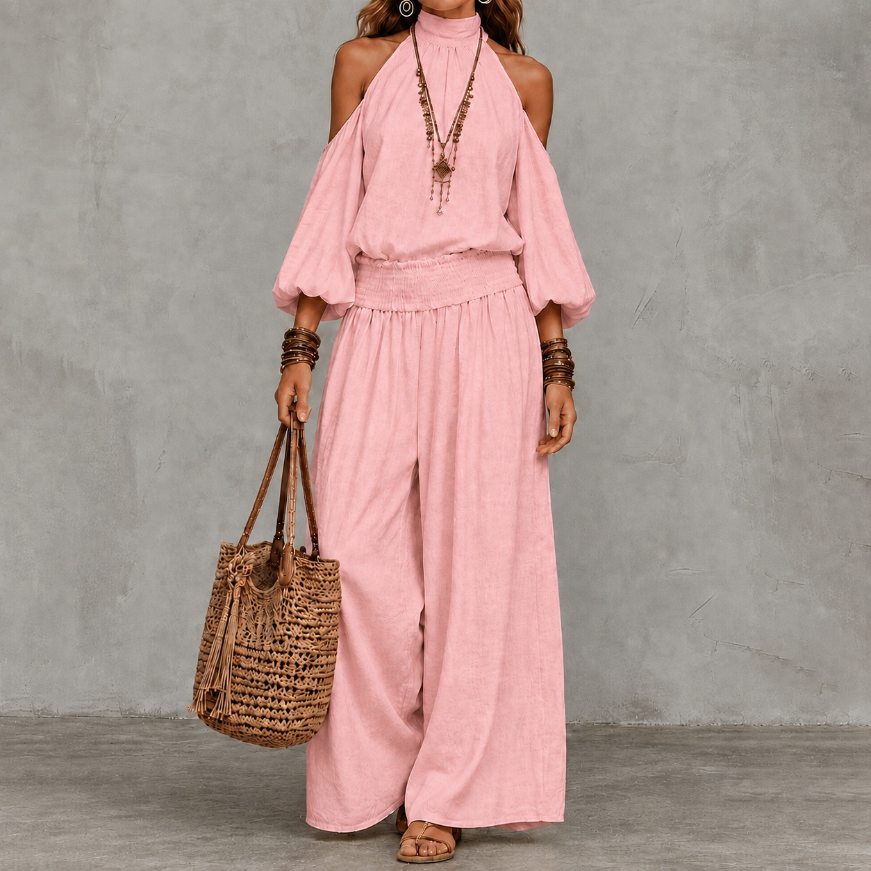 Elegance Long-sleeved Openwork Top And Gathered Trousers Two-piece Set