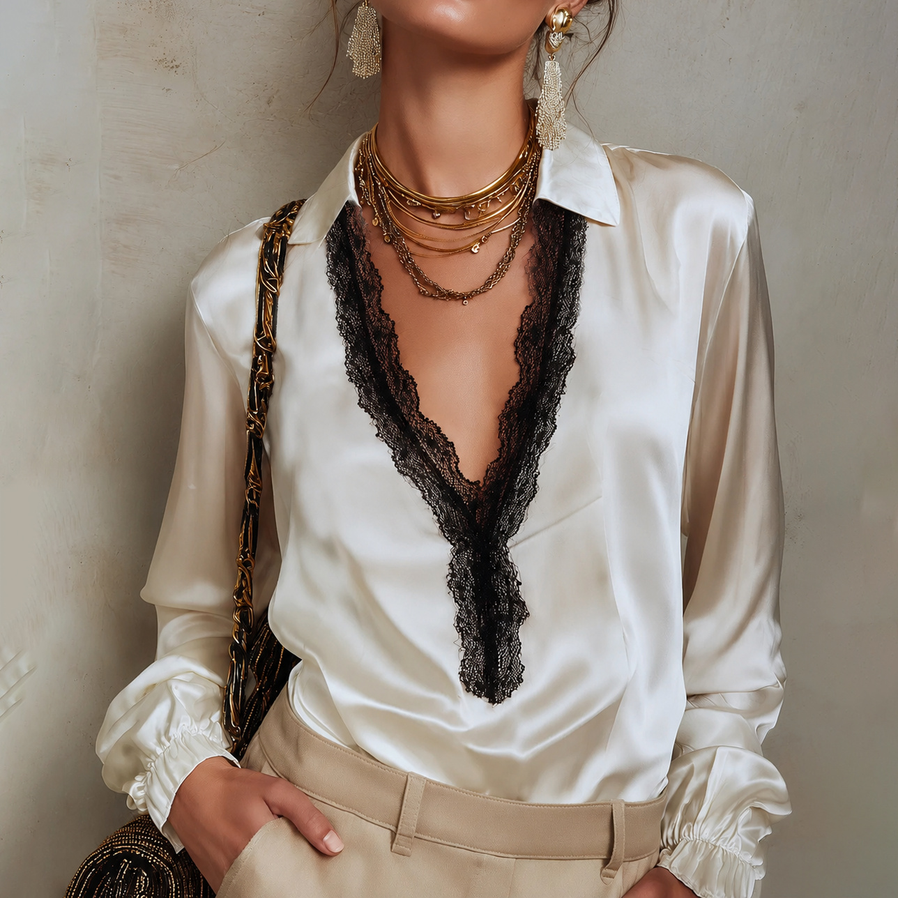 Elegant Satin Trim Lace V-Neck Lace Blouse