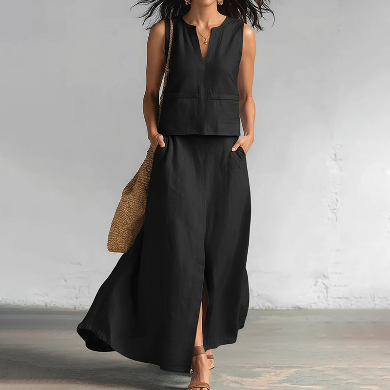 Casual Cotton And Linen V-neck Tank Top And Diagonal Pocket Skirt Two-piece Set