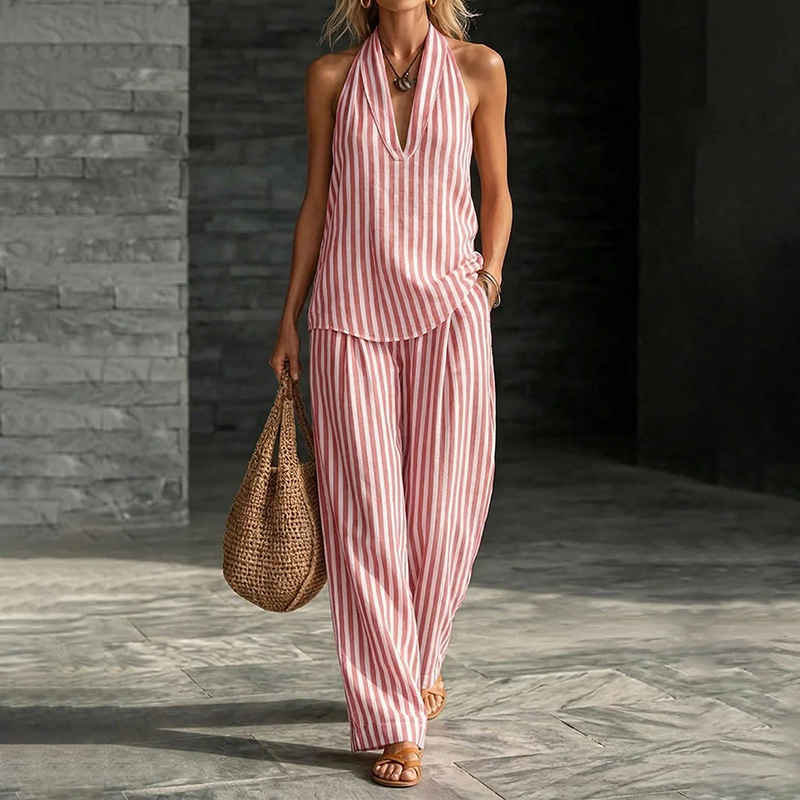 Striped Halterneck Vest Wide-leg Pants Cotton Linen Two-piece Set