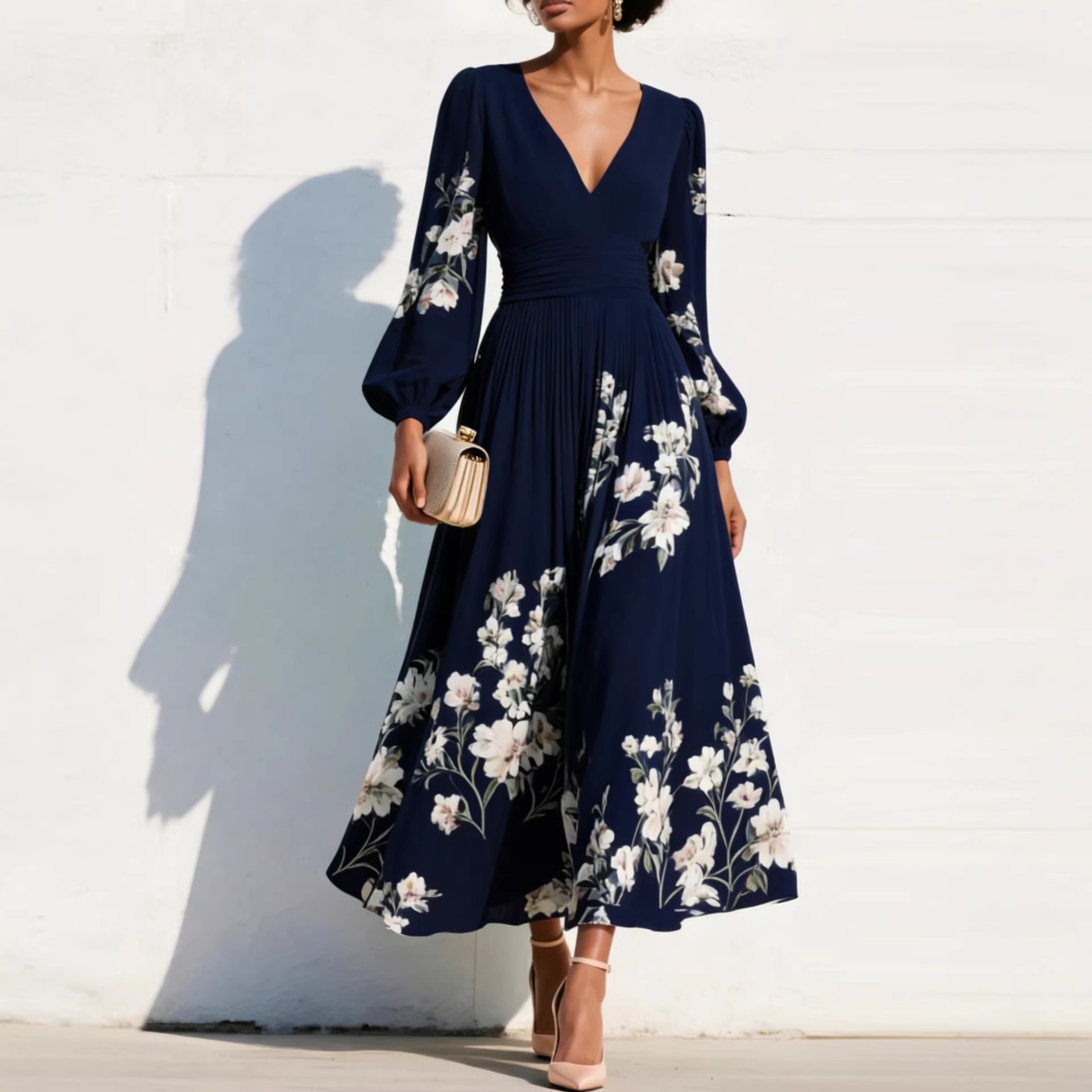 Elegant Floral Print Long-sleeved V-neck Pleated Dress