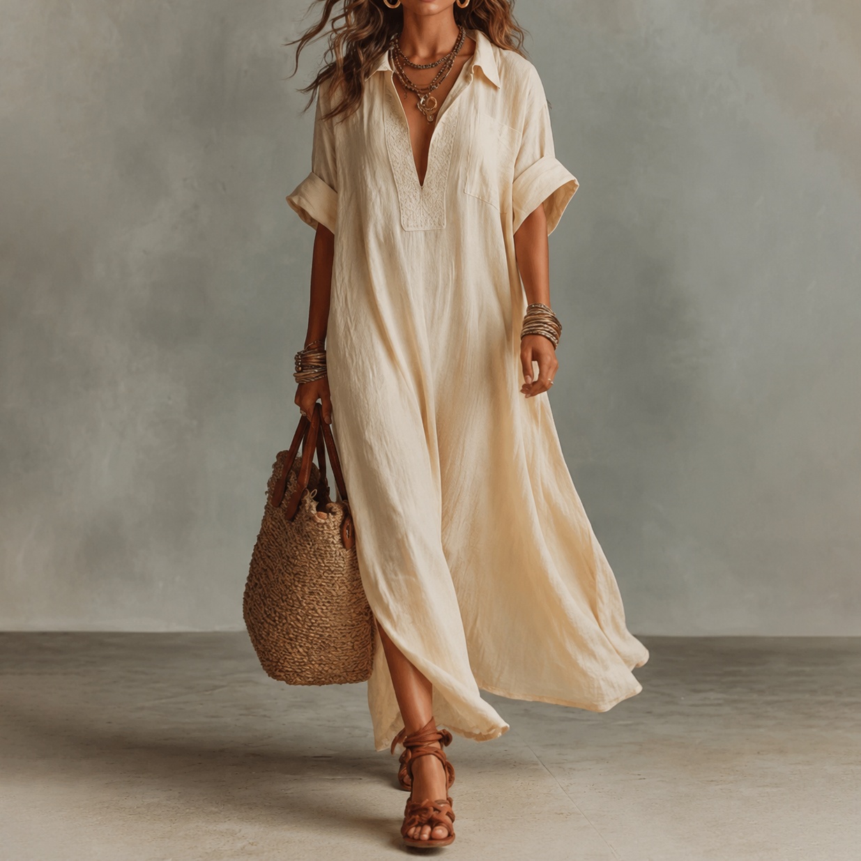 Retro Minimalist Style Loose Solid Color Short-sleeved Shirt Maxi Dress