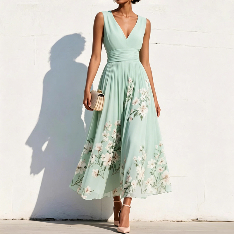 Elegant Floral Print V-neck Sleeveless Pleated Dress
