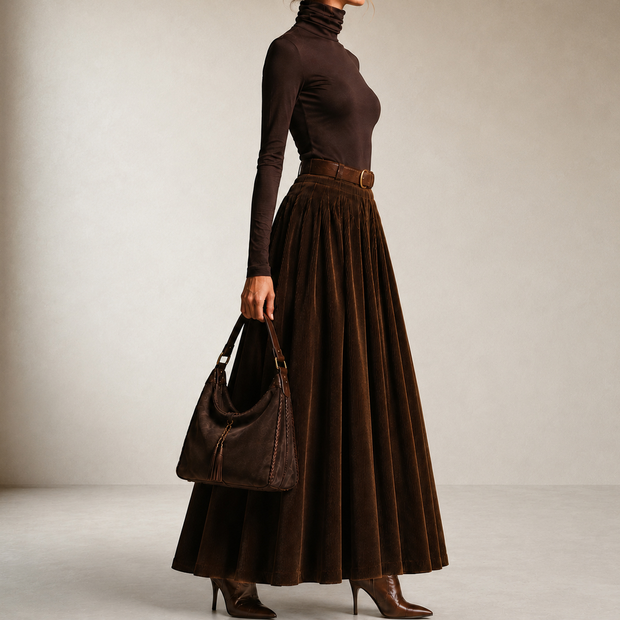 Base Layer Top And Corduroy High-waisted Midi Skirt Two-piece Set