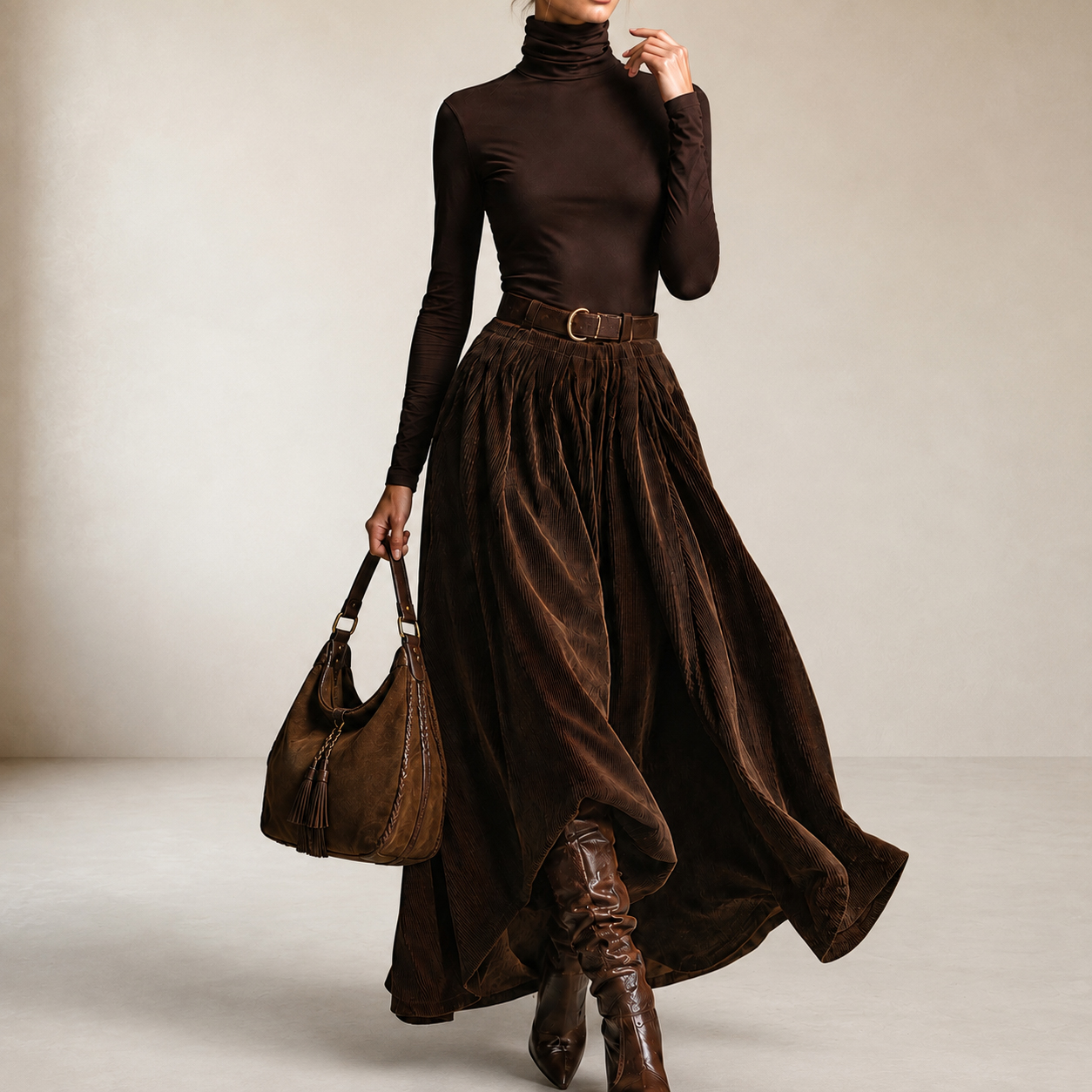 Base Layer Top And Corduroy High-waisted Midi Skirt Two-piece Set