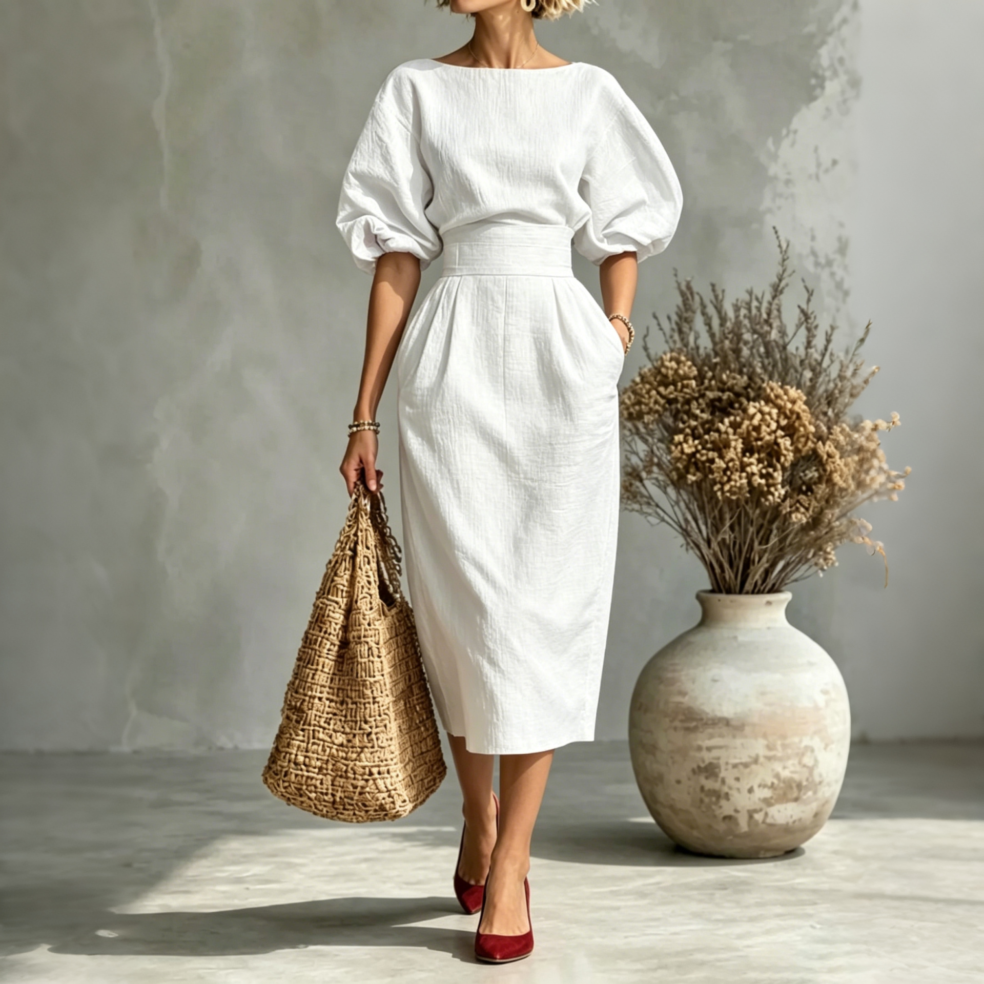 Elegant Pleated Waist Boat Neck A-line Skirt With Puff Sleeves Max Dress