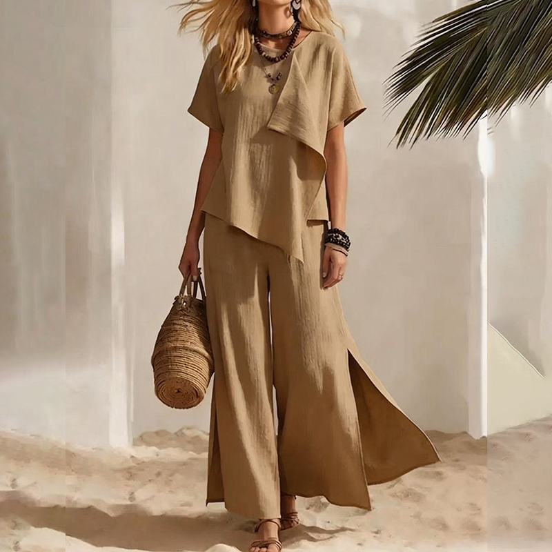 Casual Irregular Tops With Slits And Wide-leg Pantstwo-piece Set