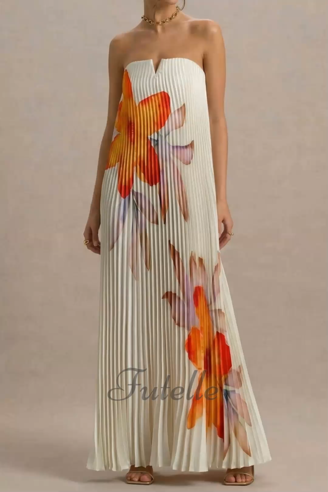 Elegant Printed Bandeau Loose Pleated Dress