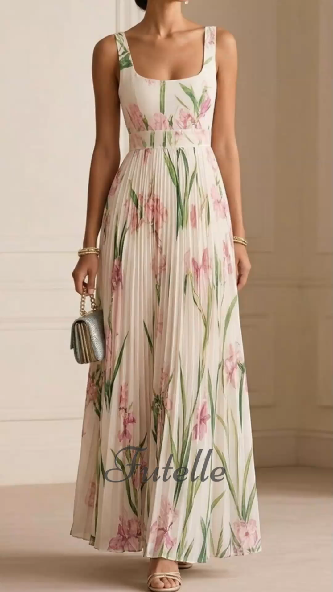 Pleated Slim Fit Floral Print Slip Dress