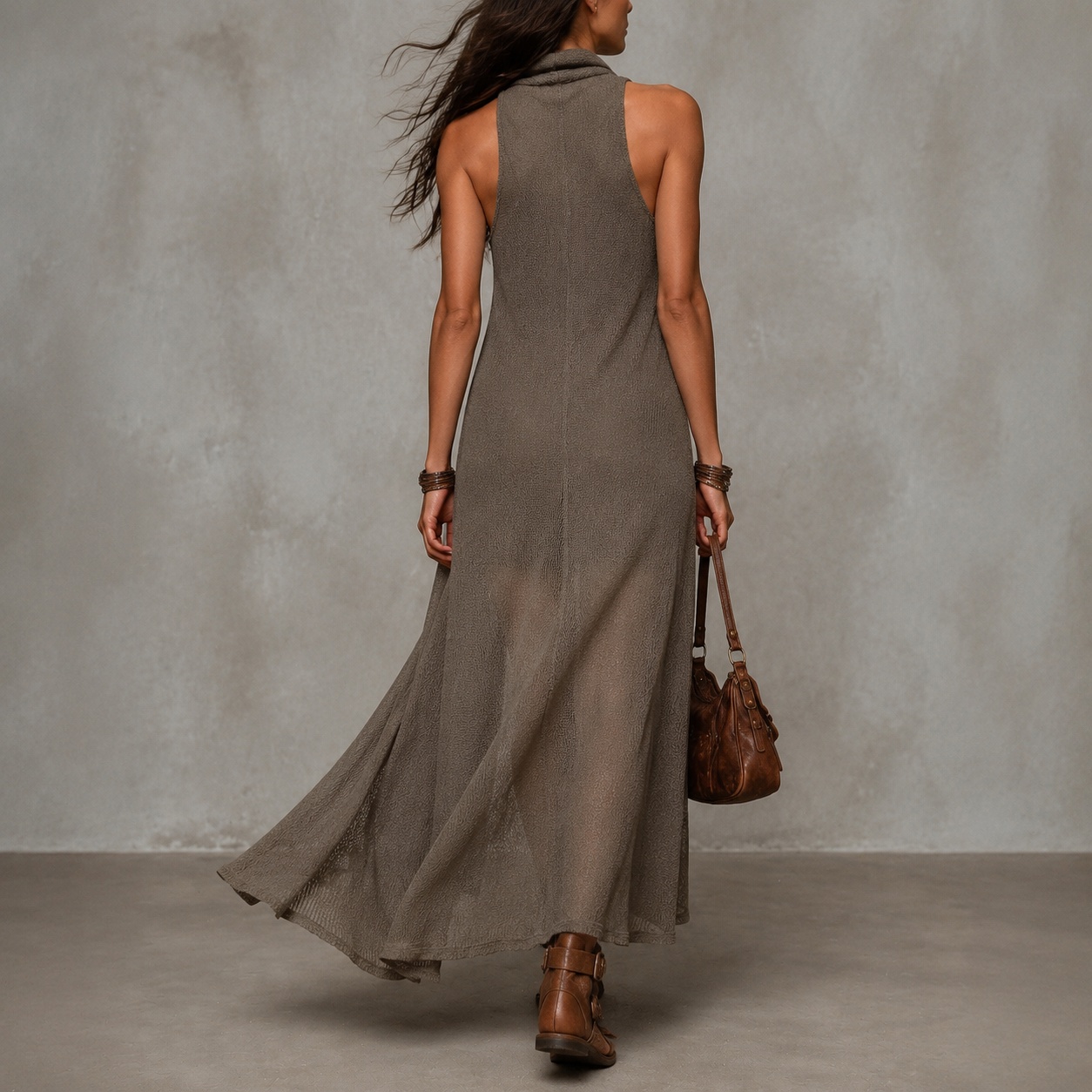 Retro Halter Neck Knit Camisole Dress Two-piece Set Maxi Dress