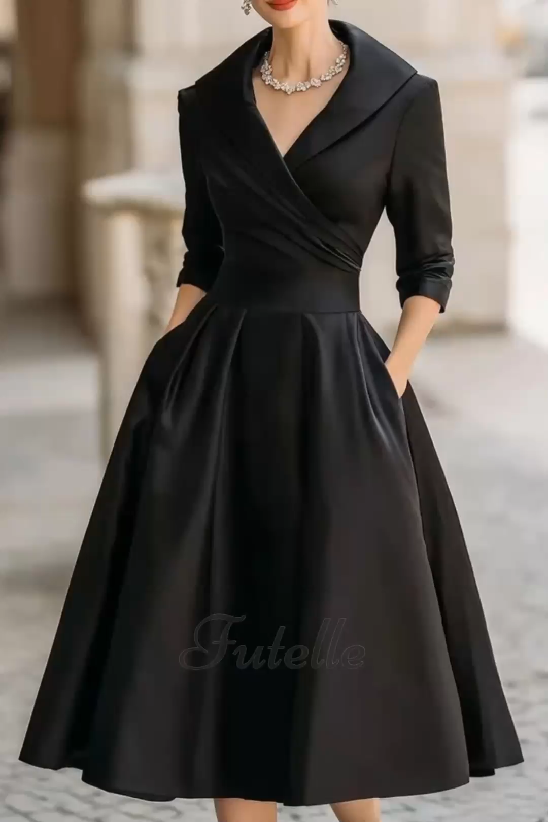 Vintage-inspired Satin Midi Dress With Draped Collar
