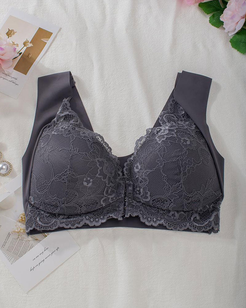 Women's Contrast Lace Hook & Eye Front Pushup Bra