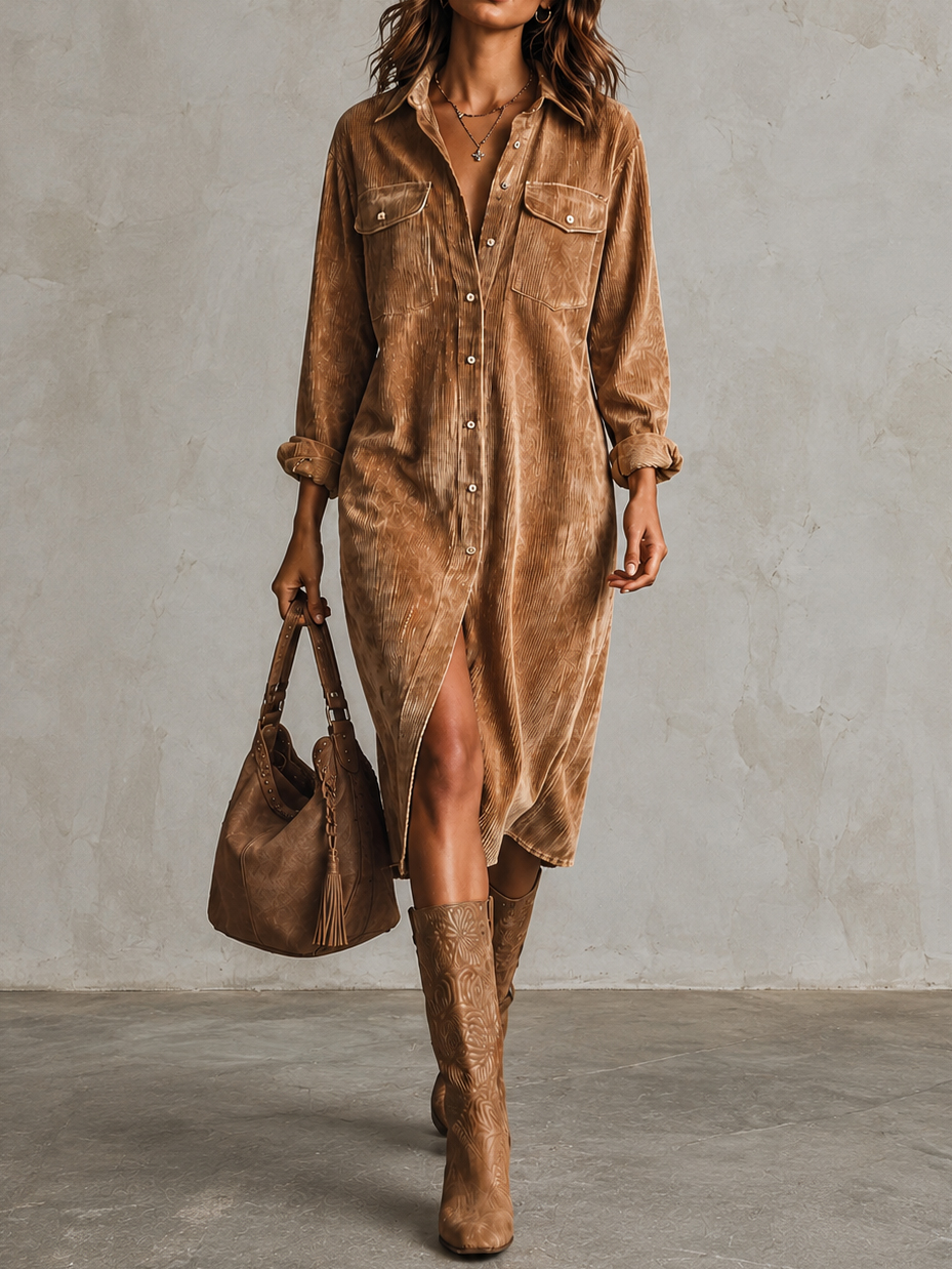 Elegant Corduroy Long-sleeved Collared Shirt Maxi Dress