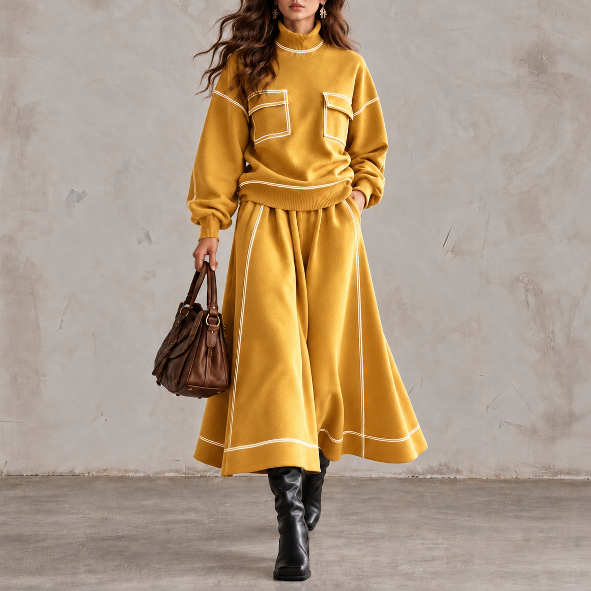 High-neck Color-block Top And Loose Wide-hem Skirt Two-piece Set