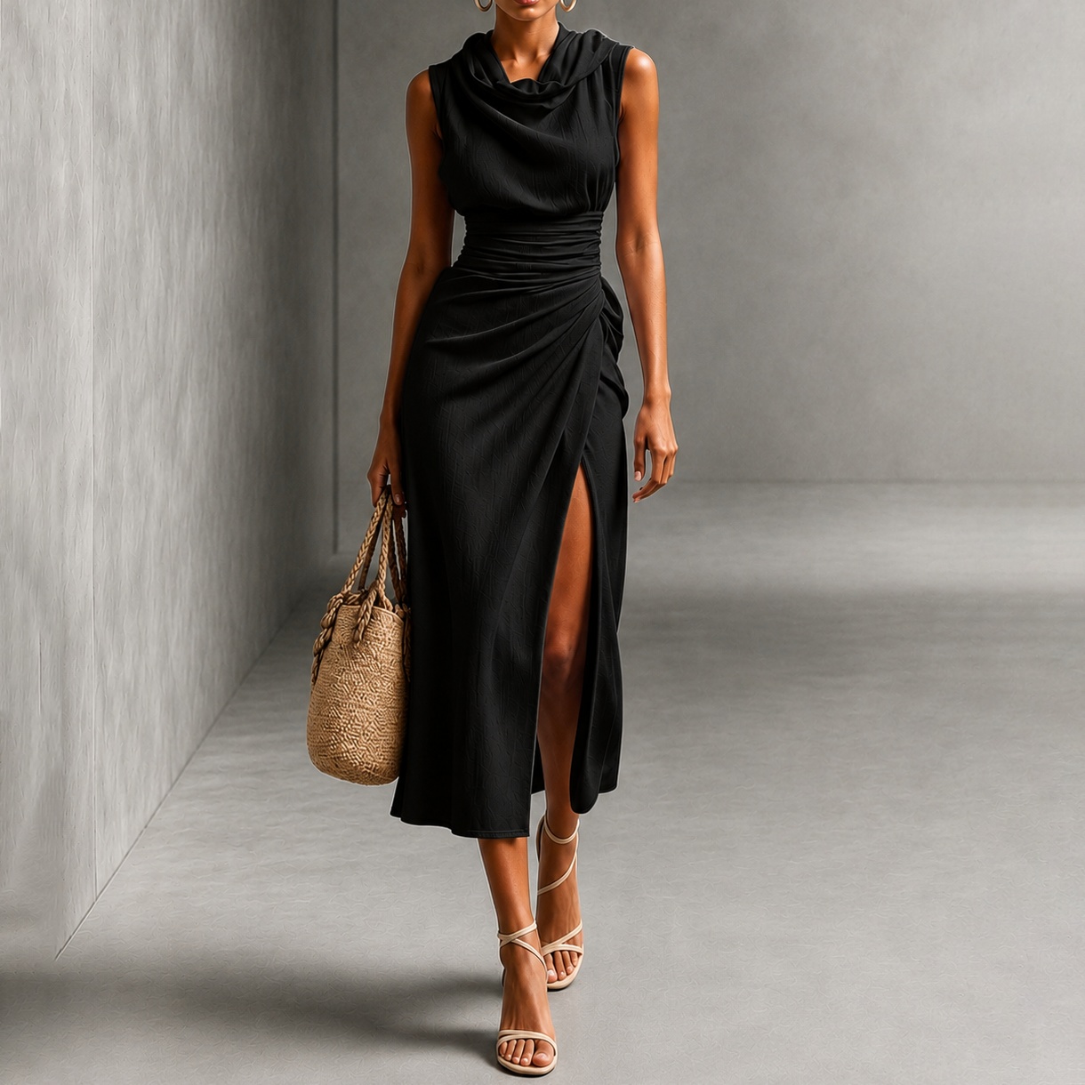 Elegant Sleeveless Turtleneck With Pleats And Slits Maxi Dress