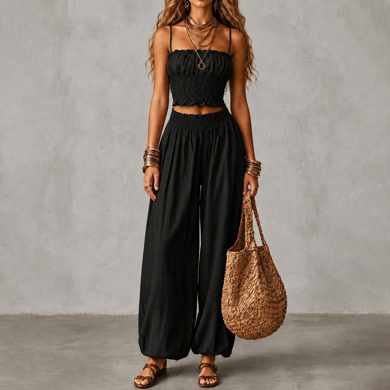 Strapless Cropped Tank Top And Lantern Pants Two-piece Set