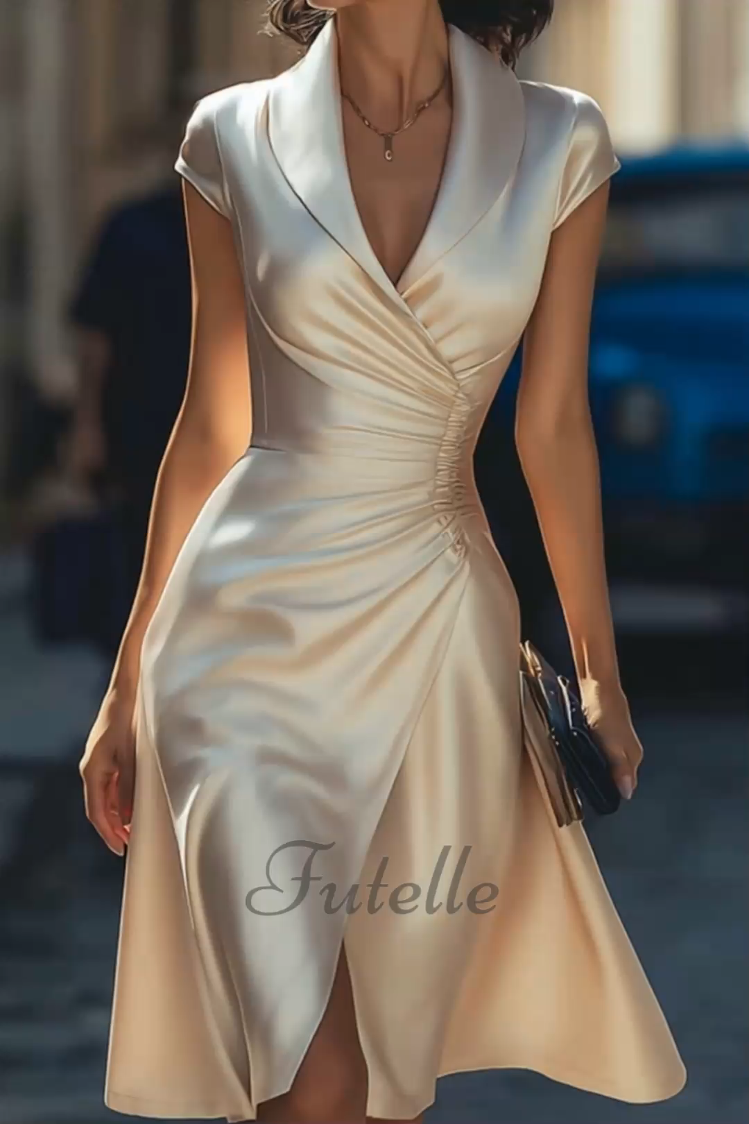 Classy Side Pinched Slit Flowy Satin Midi Dress