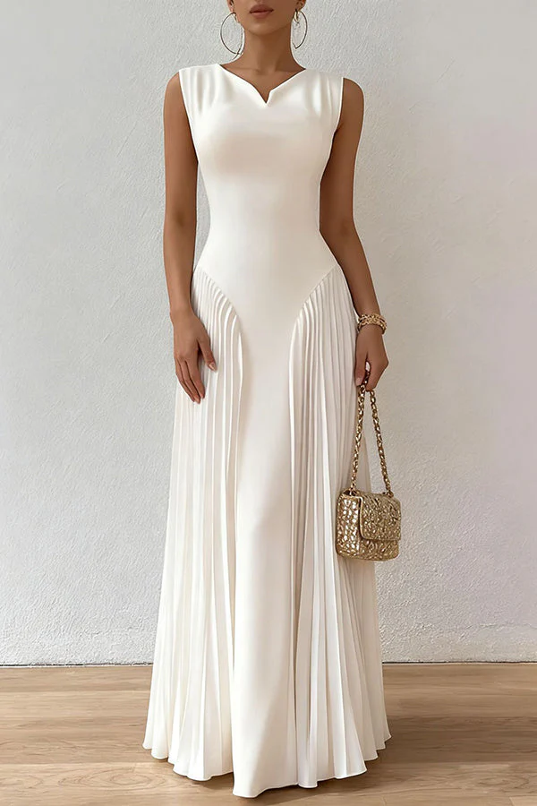 Elegant White Satin Pleated Maxi Dress