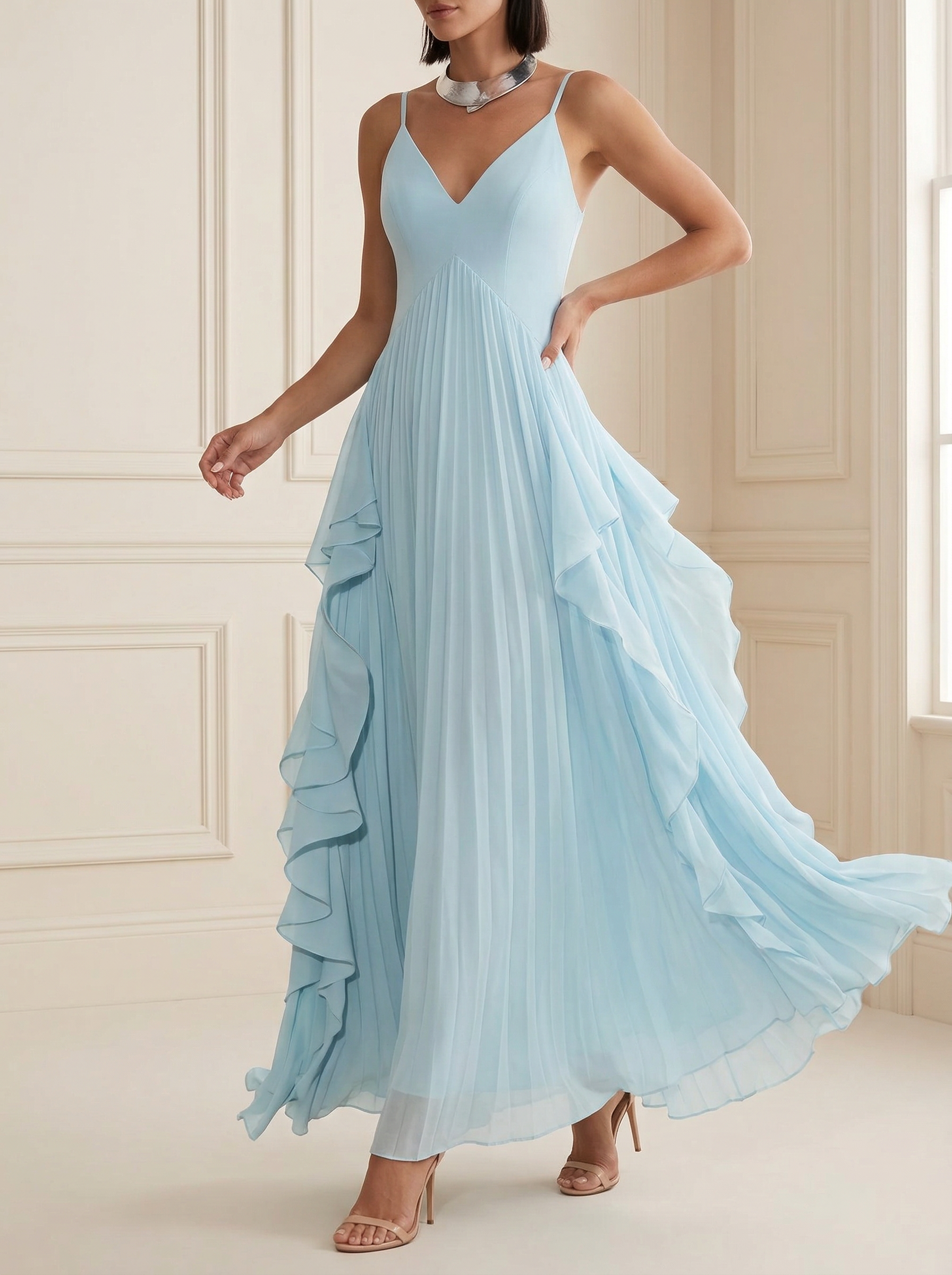 Dynamic Multi-layered Pleated Party Maxi Dress